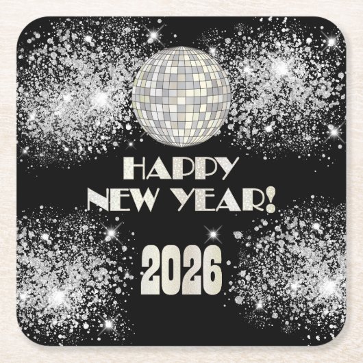2026 Black Silver Glitter New Year's Eve Party  Rechteckiger Pappuntersetzer (Vorderseite)