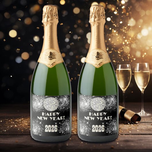 2026 Black Silver Glitter New Year's Eve Party  Schaumweinetikett