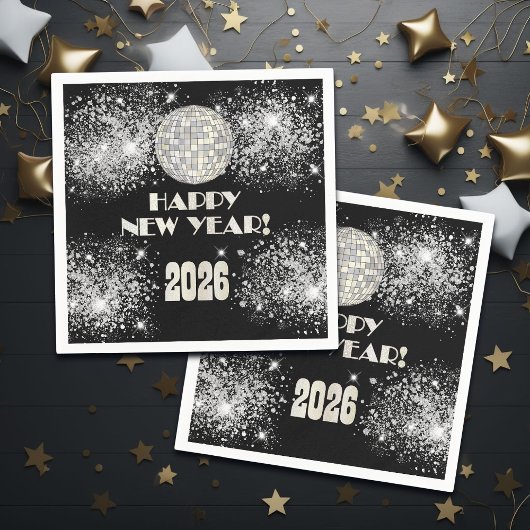 2026 Black Silver Glitter New Year's Eve Party  Serviette
