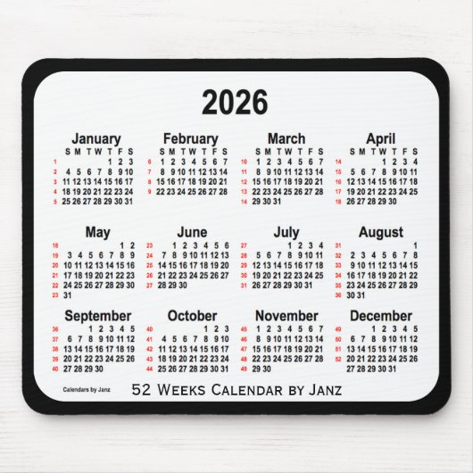 2026 Black Two Tone 52 Weeks Calendar von Janz Mousepad (Vorne)