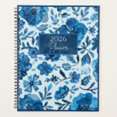 2026 Blaue Blumige Planerin | Elegant | Botanisch Planer (Vorderseite)