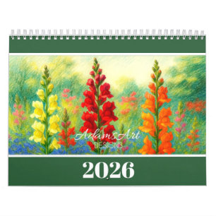 2026 Blumenmuster - Farbige botanische Illustratio Kalender