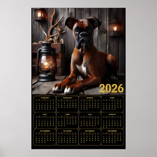 2026 Boxer Dog Calendar – Rustic Cabin Portrait Poster (Vorne)