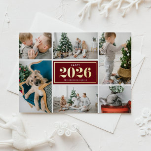 2026 Burgund Frohes Neues Jahr Fotocollage Folien Feiertagspostkarte