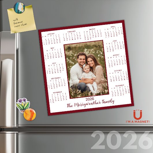 2026 Burgund Maroon Foto Magnetischer Kalender Magnetkarte