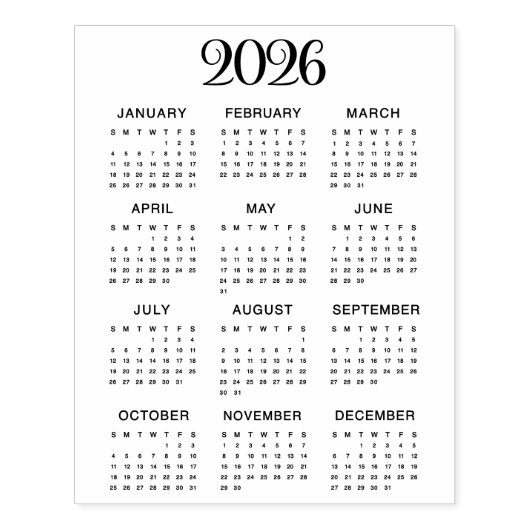 2026 Calendar #1 Four Rows, Three Columns Gummistempel (Prägung)