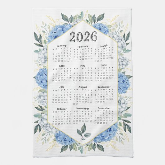2026 Calendar Aquarell Blauer Botanischer Garten Geschirrtuch (Vertikal)