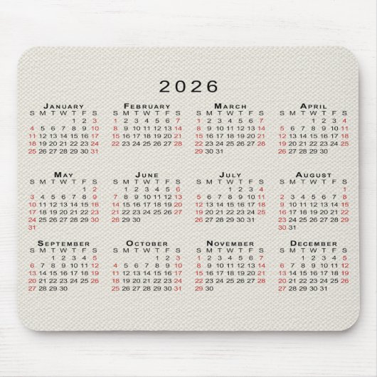 2026 Calendar Beige Faux Canvas Texture Mousepad (Vorne)