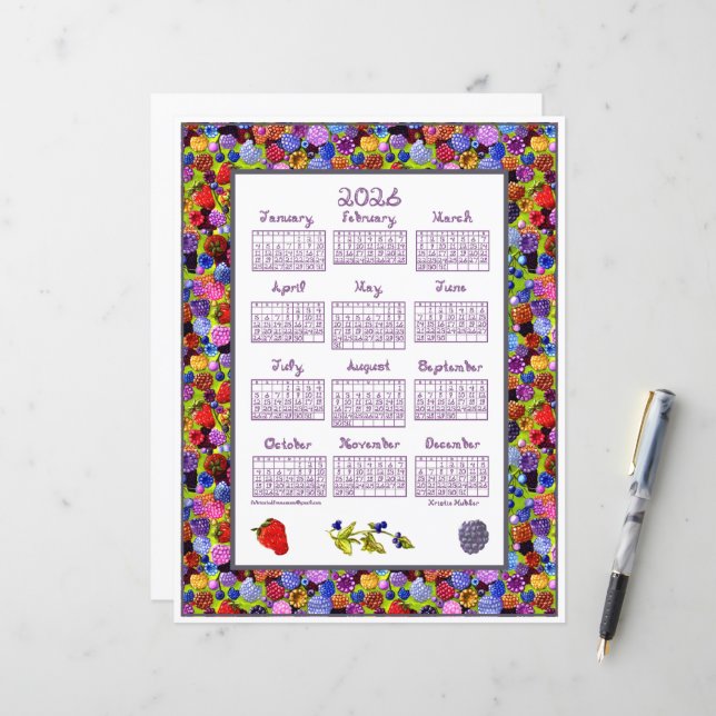 2026 Calendar Berries Art Frame Berry Fabric Font (Vorderseite/Rückseite Beispiel)