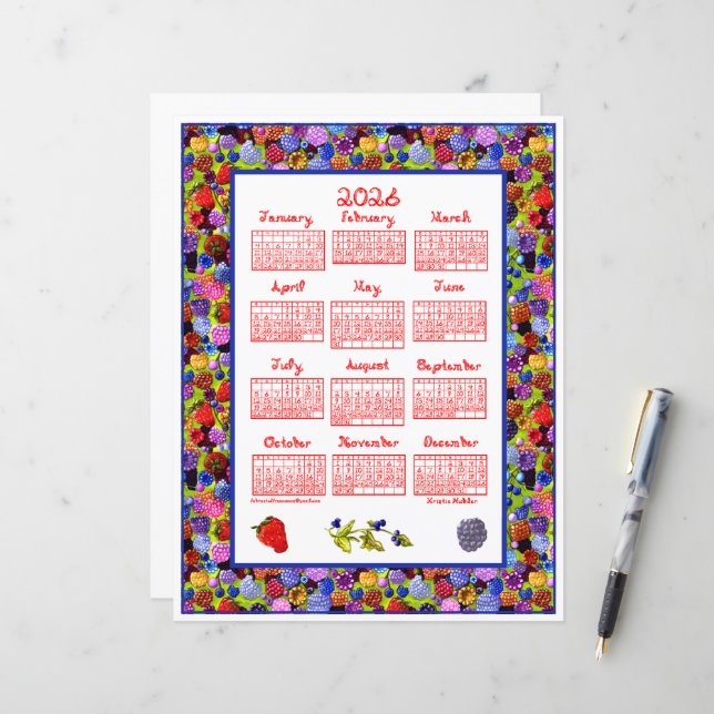 2026 Calendar Berries Art Frame Red Fabric Font (Vorderseite/Rückseite Beispiel)