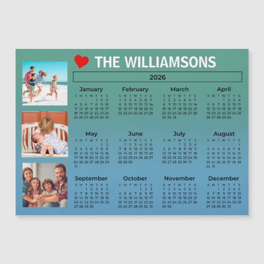 2026 Calendar Blue Green Photo Collage Magnet (Vorderseite)