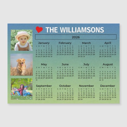 2026 Calendar Blue Green Photo Collage Magnet (Vorderseite)