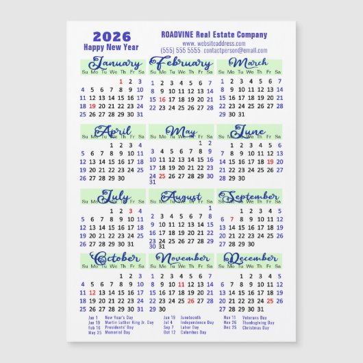 2026 Calendar Blue Script einfach Business Magneti Magnetkarte (Vorderseite)