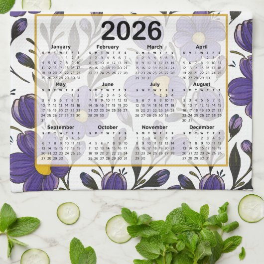 2026 Calendar Blue Violet Blume mit Blätter Geschirrtuch (Gefaltet)