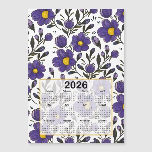 2026 Calendar Blue Violet Blume mit Blätter Magnetkarte (Vorderseite)