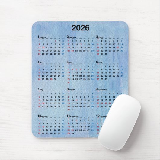 2026 Calendar Blue Watercolor Abstract Mousepad (Mit Mouse)