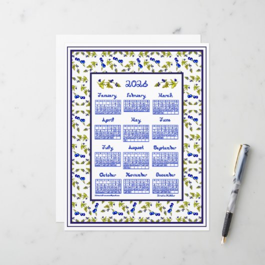 2026 Calendar Blueberries Stem Leaves Fabric Font (Vorderseite/Rückseite Beispiel)