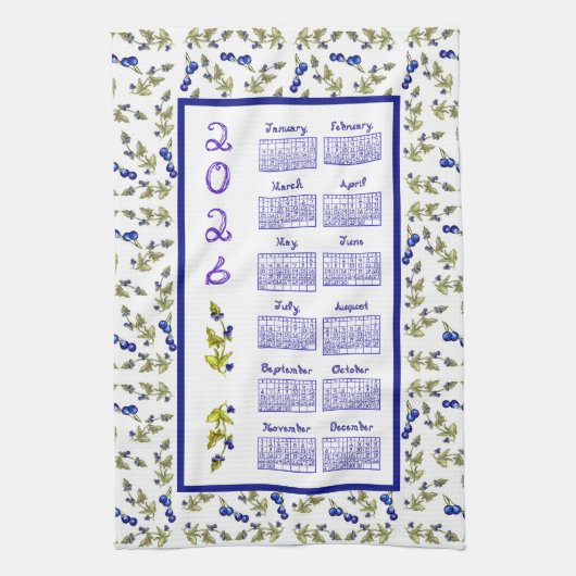 2026 Calendar Blueberries Stem Leaves White Geschirrtuch (Vertikal)