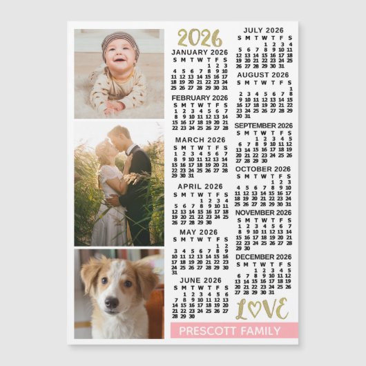 2026 Calendar Blush Pink Gold Custom Photos Magnet (Vorderseite)