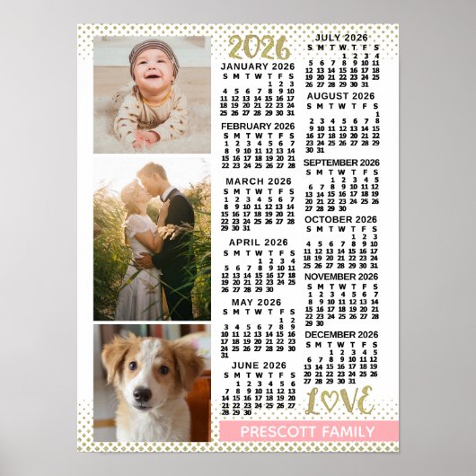 2026 Calendar Blush Pink Gold Family Photo Collage Poster (Vorne)