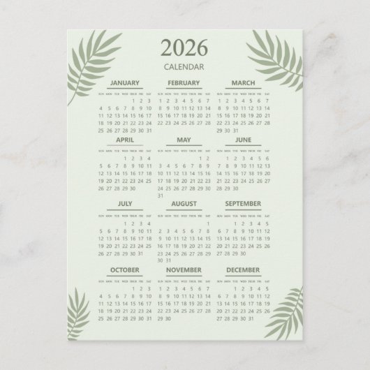 2026 Calendar Boho Blumenästhesie Grün Postkarte (Vorderseite)