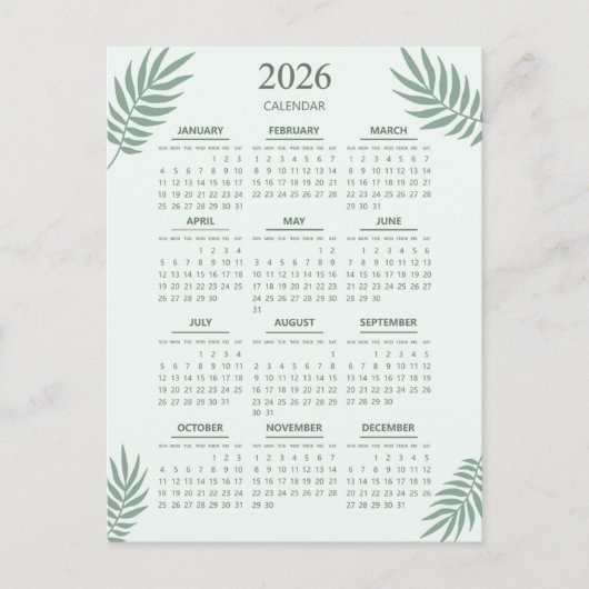 2026 Calendar Boho Blumenästhetische Minze Grün Postkarte (Vorderseite)