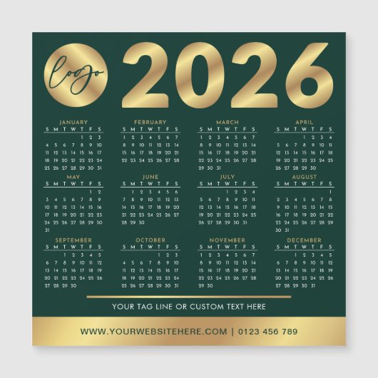 2026 Calendar Business-Logo Grün & Gold Corporate Magnetkarte (Vorderseite)