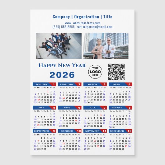 2026 Calendar Business Logo QR Code Blue Magnetic Magnetkarte (Vorderseite)