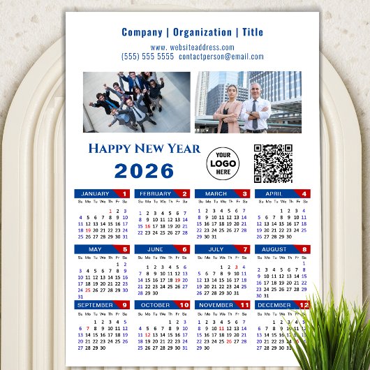 2026 Calendar Business Logo QR Code Blue Magnetic Magnetkarte