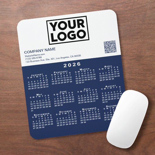 2026 Calendar Business Logo QR Code Navy White Mousepad