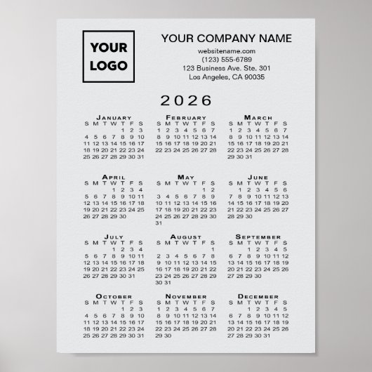 2026 Calendar Business-Logo und Text leicht grau Poster (Vorne)