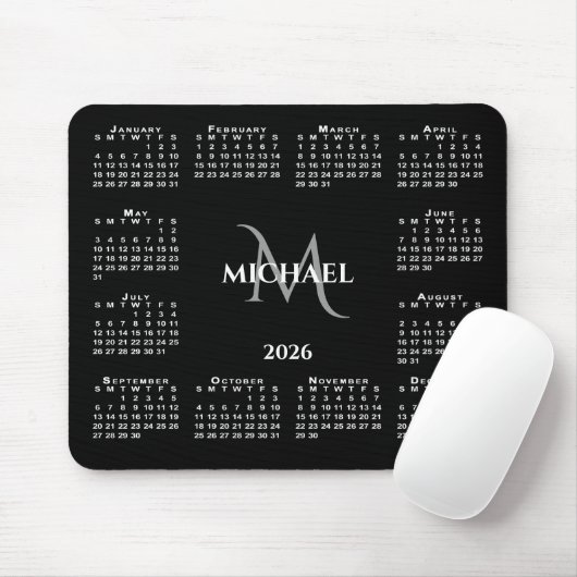 2026 Calendar Chic Monogram Name on Black Mousepad (Mit Mouse)