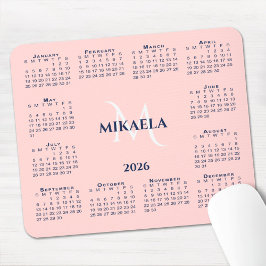 2026 Calendar Chic Monogram Name on Coral Pink Mousepad