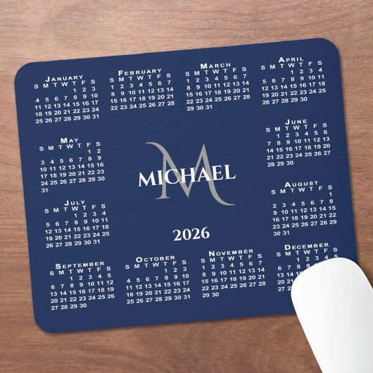 2026 Calendar Chic Monogram Name on Navy Blue Mousepad