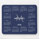 2026 Calendar Chic Monogram Name on Navy Blue Mousepad (Vorne)