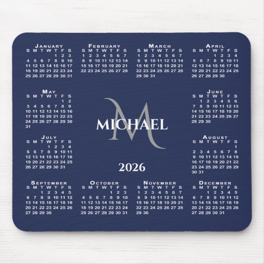 2026 Calendar Chic Monogram Name on Navy Blue Mousepad (Vorne)