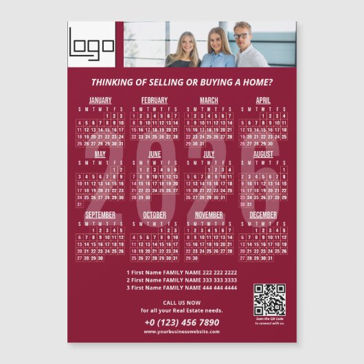 2026 Calendar Company Logo QR Code Burgundy Foto Magnetkarte (Vorderseite)