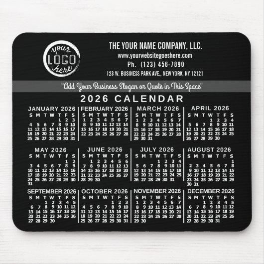 2026 Calendar Custom Business Logo Name Easy Black Mousepad (Vorne)