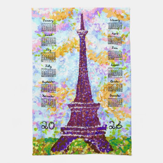 2026 Calendar Eiffel Tower Pointillism Landscape Geschirrtuch (Vertikal)