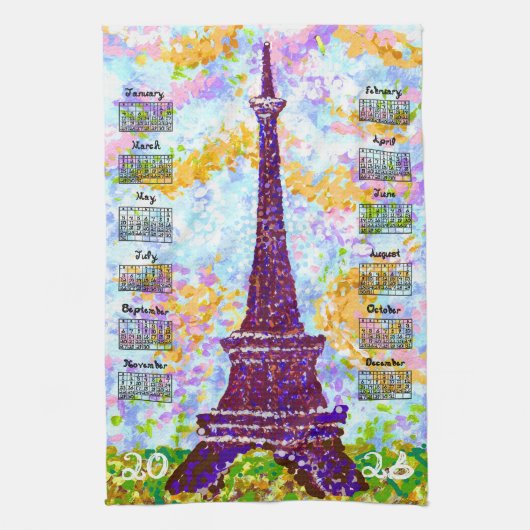 2026 Calendar Eiffel Tower Pointillism Landscape Geschirrtuch (Vertikal)
