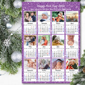 2026 Calendar Family Foto Moderner Lila Glitzer Magnetkarte