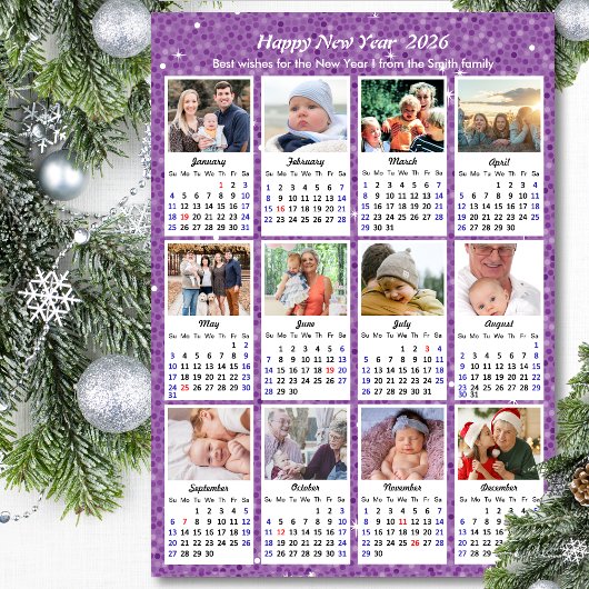 2026 Calendar Family Foto Moderner Lila Glitzer Magnetkarte