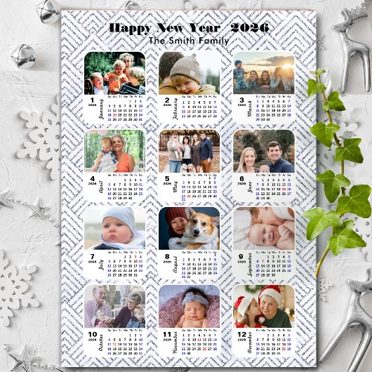 2026 Calendar Family Foto Moderner Silberner Glitz Magnetkarte