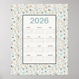 2026 Calendar Full Year Blue Cream Poppies Poster