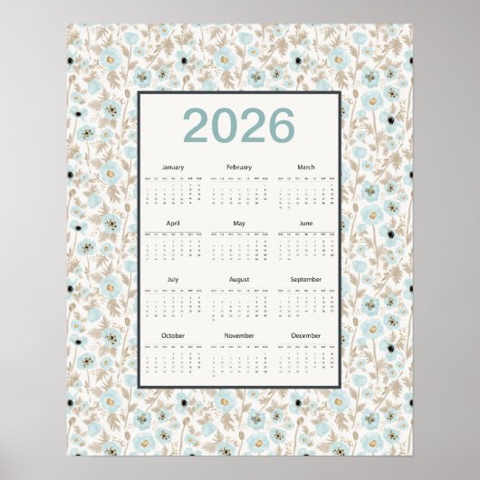 2026 Calendar Full Year Blue Cream Poppies Poster (Vorne)