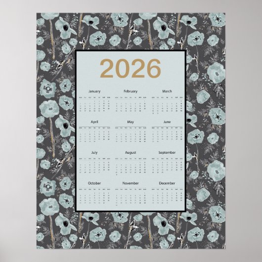 2026 Calendar Full Year Blue Gray Poppies Poster (Vorne)
