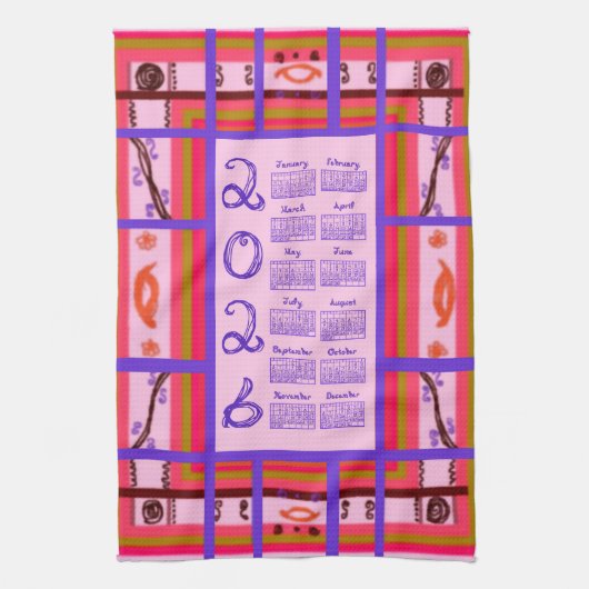 2026 Calendar Girl Power Curvy Plaid Frame Geschirrtuch (Vertikal)