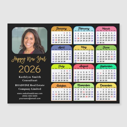 2026 Calendar Gold Black Business Foto Magnetic Magnetkarte (Vorderseite)