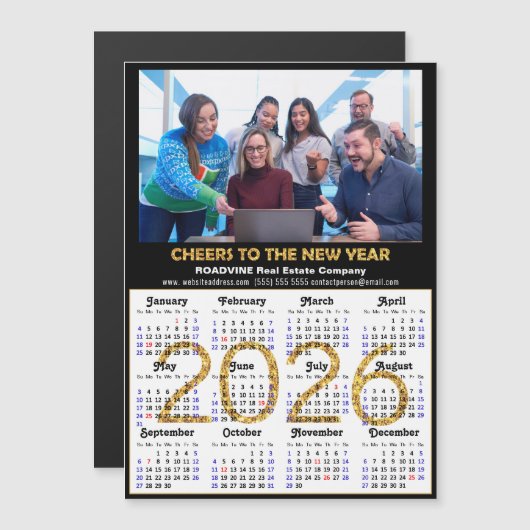 2026 Calendar Gold Glitzer Business Foto Magnetic Magnetkarte (Vorne/Hinten)