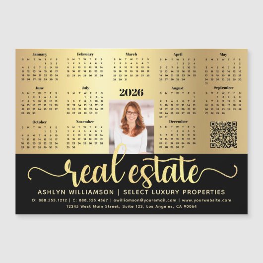 2026 Calendar Gold Real Anwesen QR Code Magnet (Vorderseite)